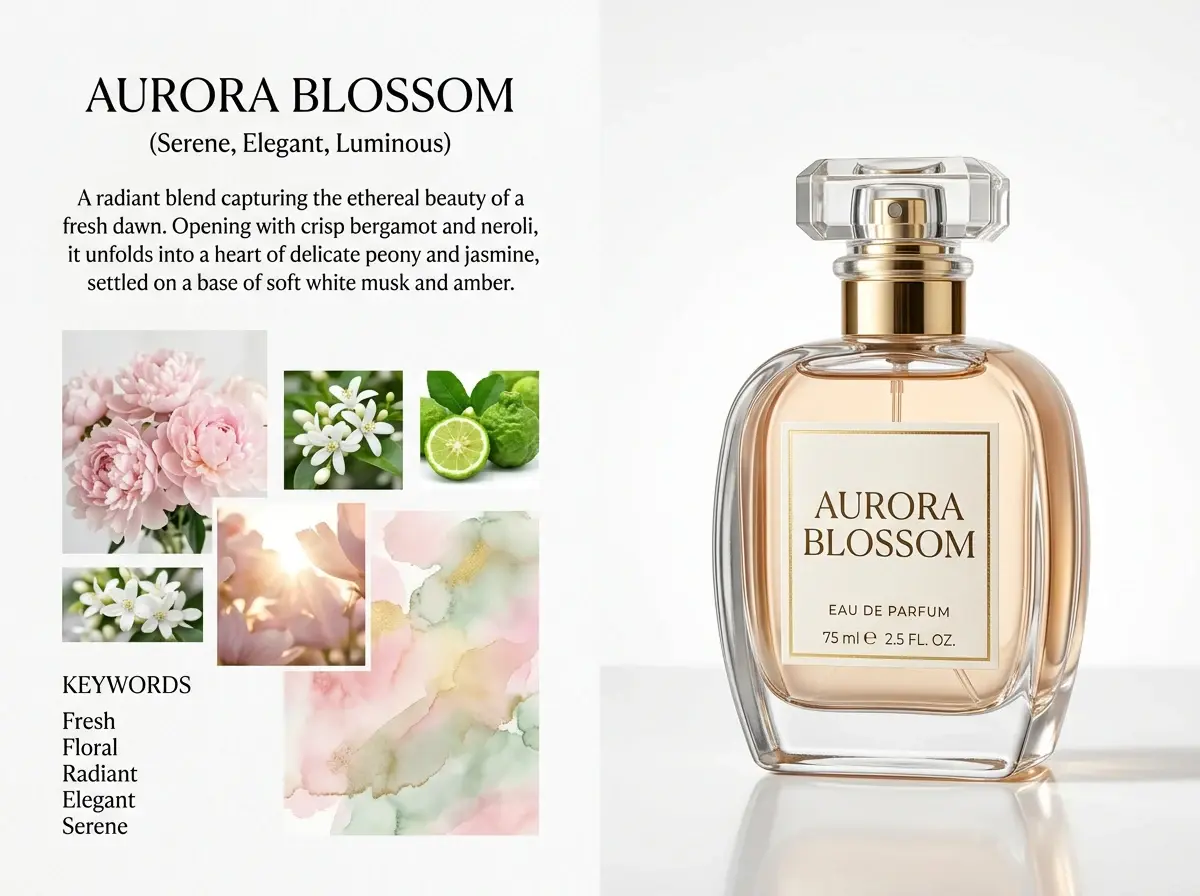 PackViz AI concept mockup for Aurora Blossom fragrance packaging